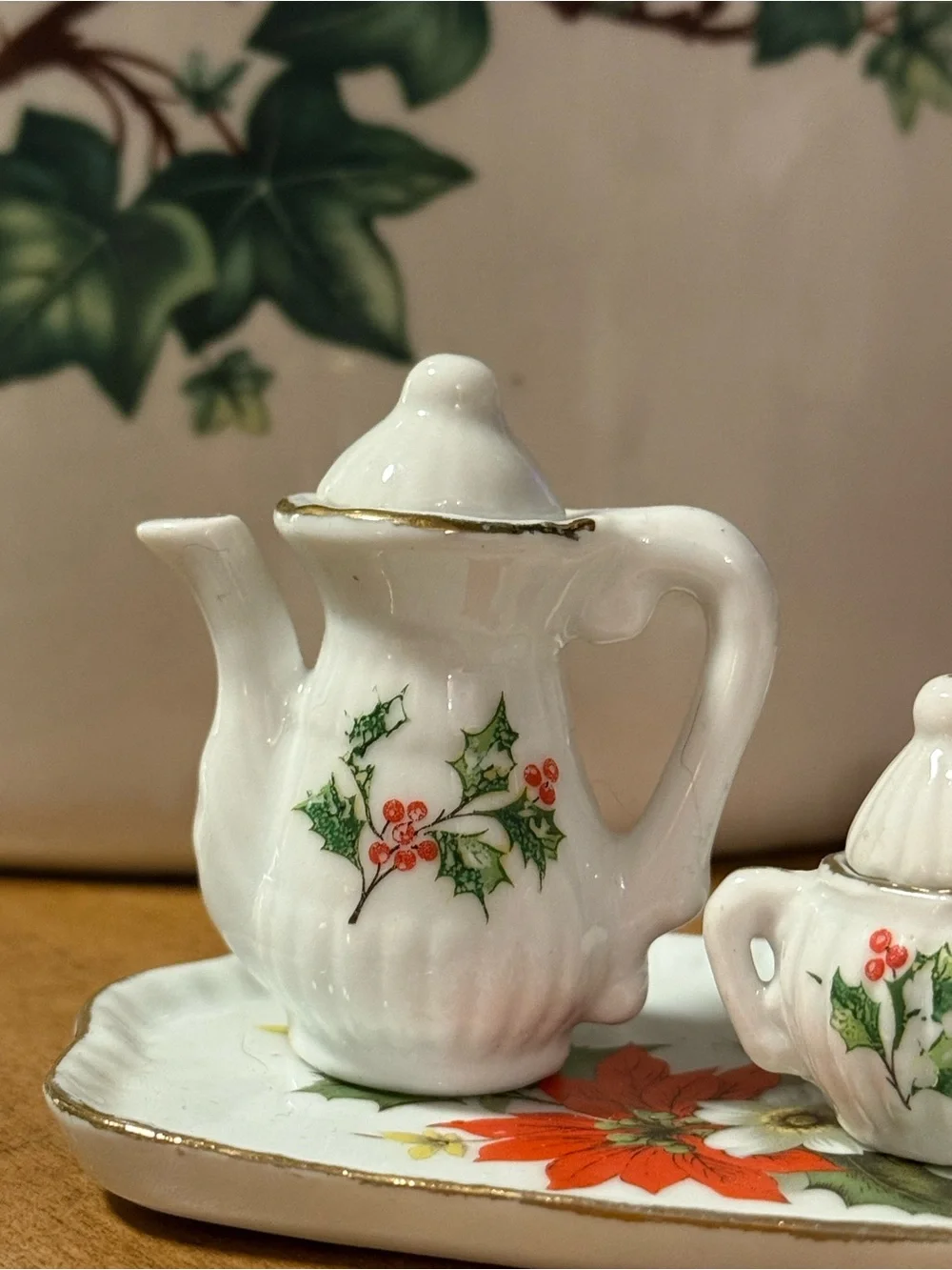 Vintage Christmas Miniature Ceramic Tea Set - White with Holly Motif